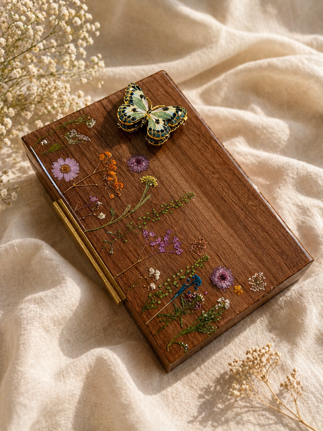 Pressed Floral Wooden Storage Box with Built-In Jewelry Holder – 12”