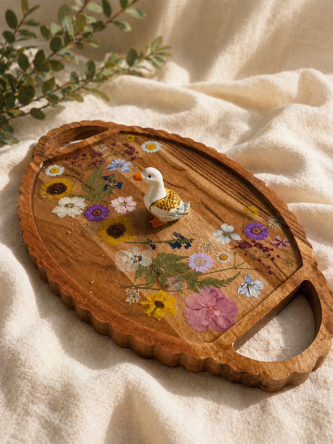 Pressed Floral Scalloped Vanity Tray with Hidden Goose Ring Compartment – 17”