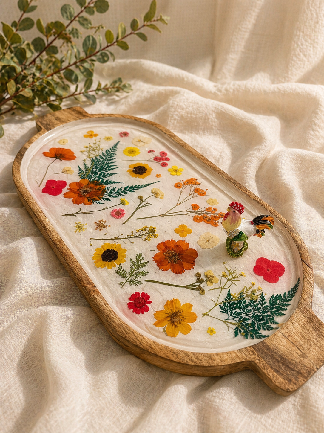 Pressed Wildflower Wood Tray with Mother of Pearl Inlay & Hidden Rooster Ring Compartment – 16"