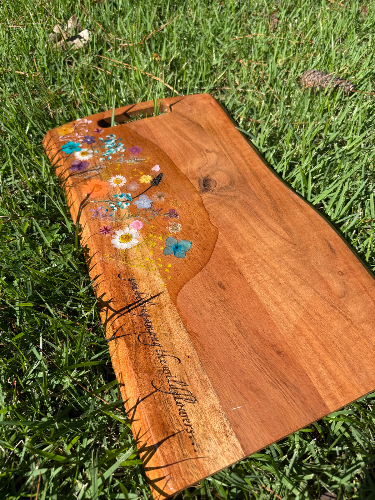 Live Edge Charcuterie Board - Pressed Flowers- Engraved