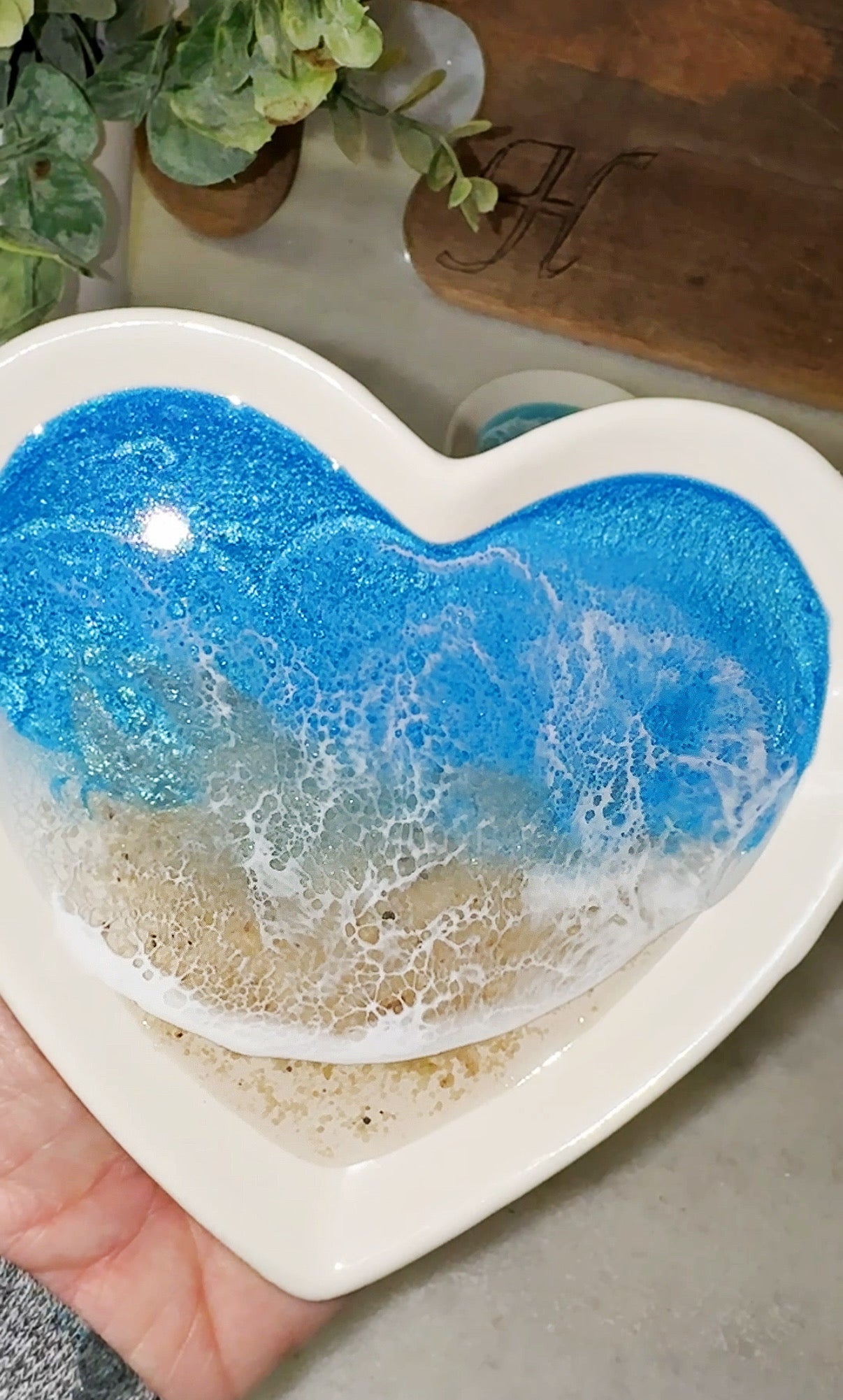 Heart Shaped Coastal Jewelry Dish – Porcelain Dish with Resin Ocean Waves, Romantic Coastal Keepsake Gift