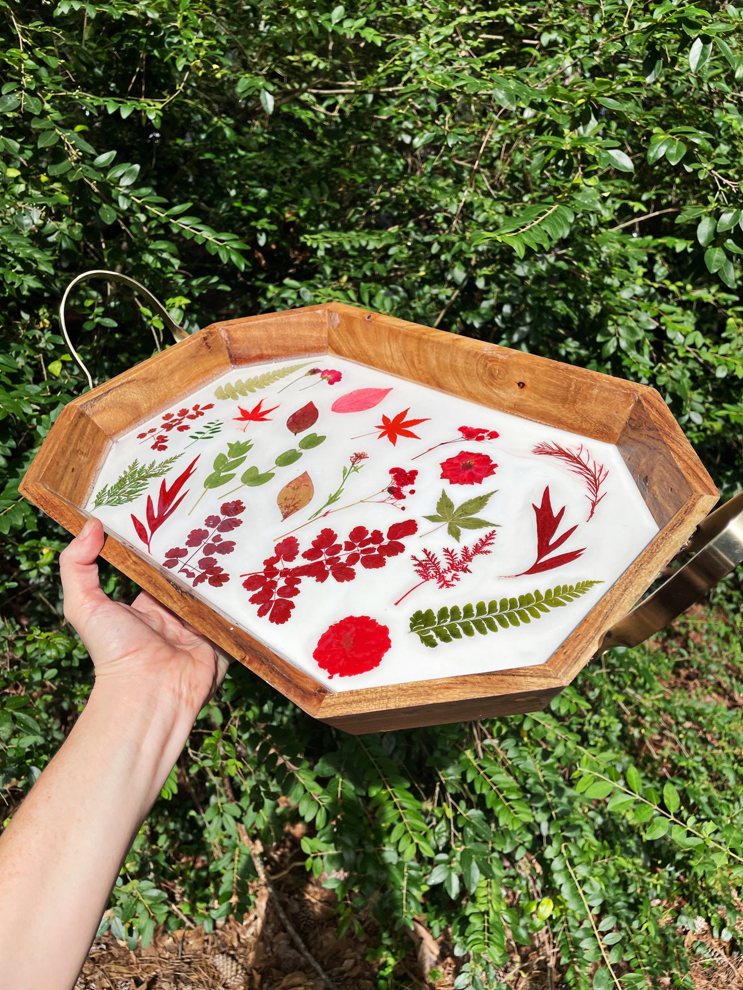 Oversized Floral Wooden Table Tray with Gold Metal Handles.