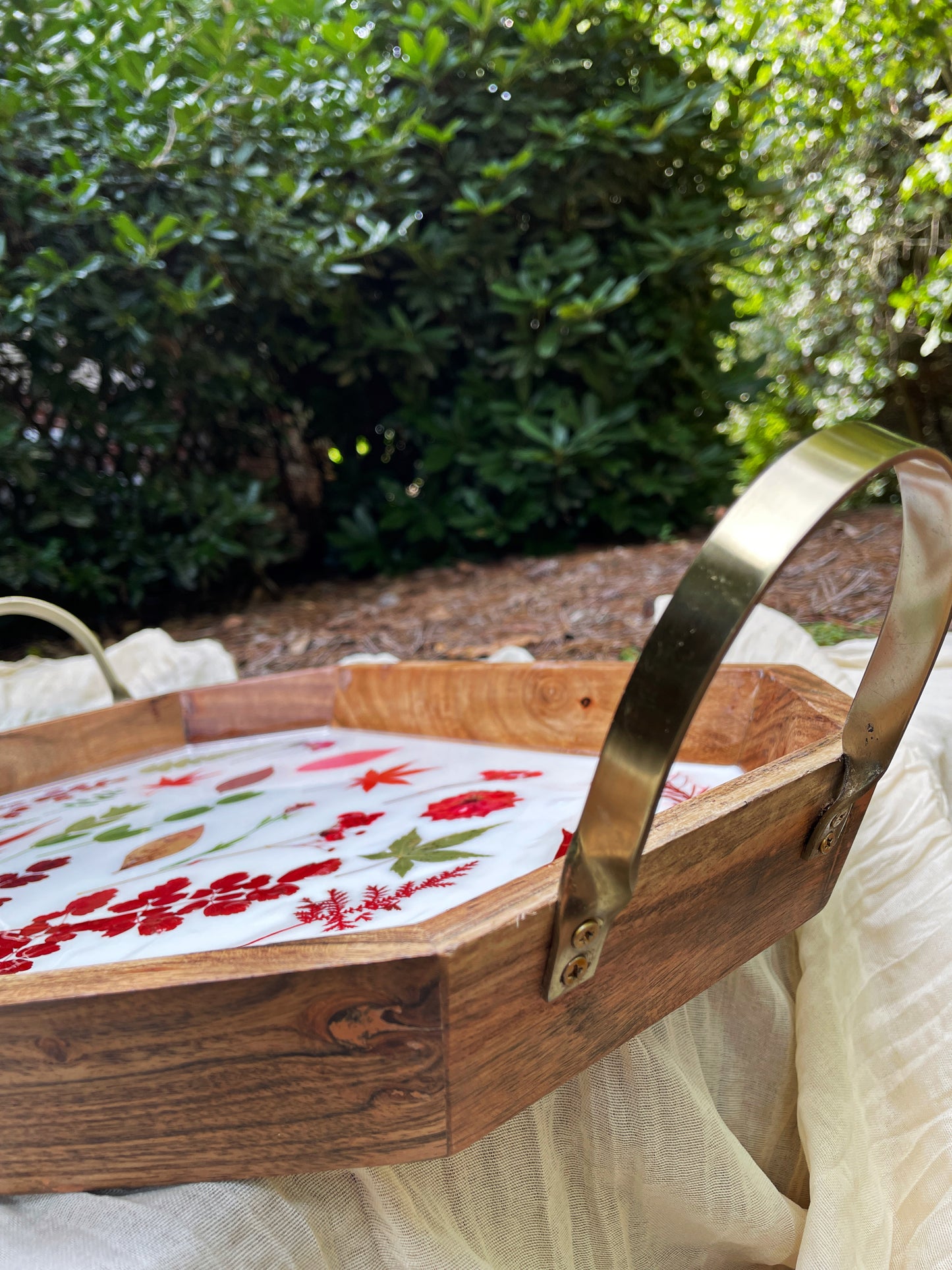 Oversized Floral Wooden Table Tray with Gold Metal Handles.