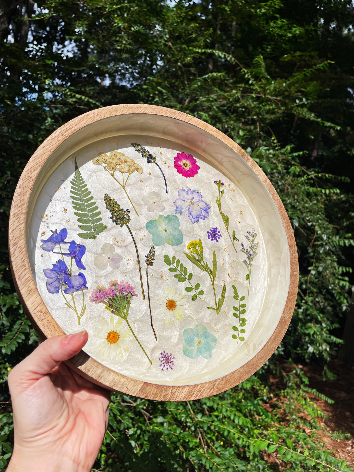 Round Wooden Floral Tray - Pressed Flower Coffee Table Tray