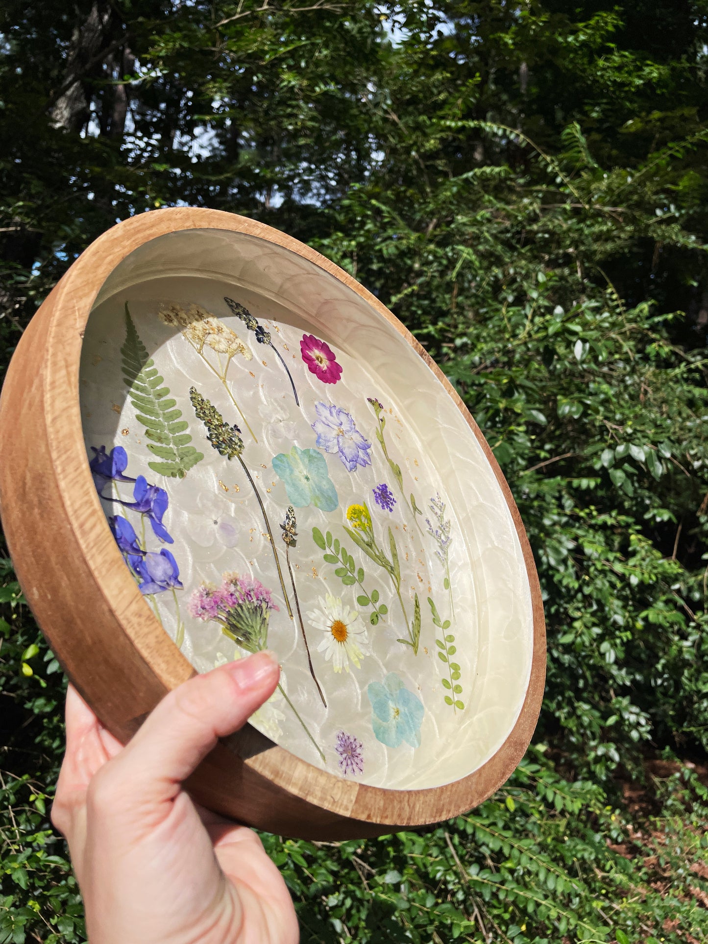 Round Wooden Floral Tray - Pressed Flower Coffee Table Tray