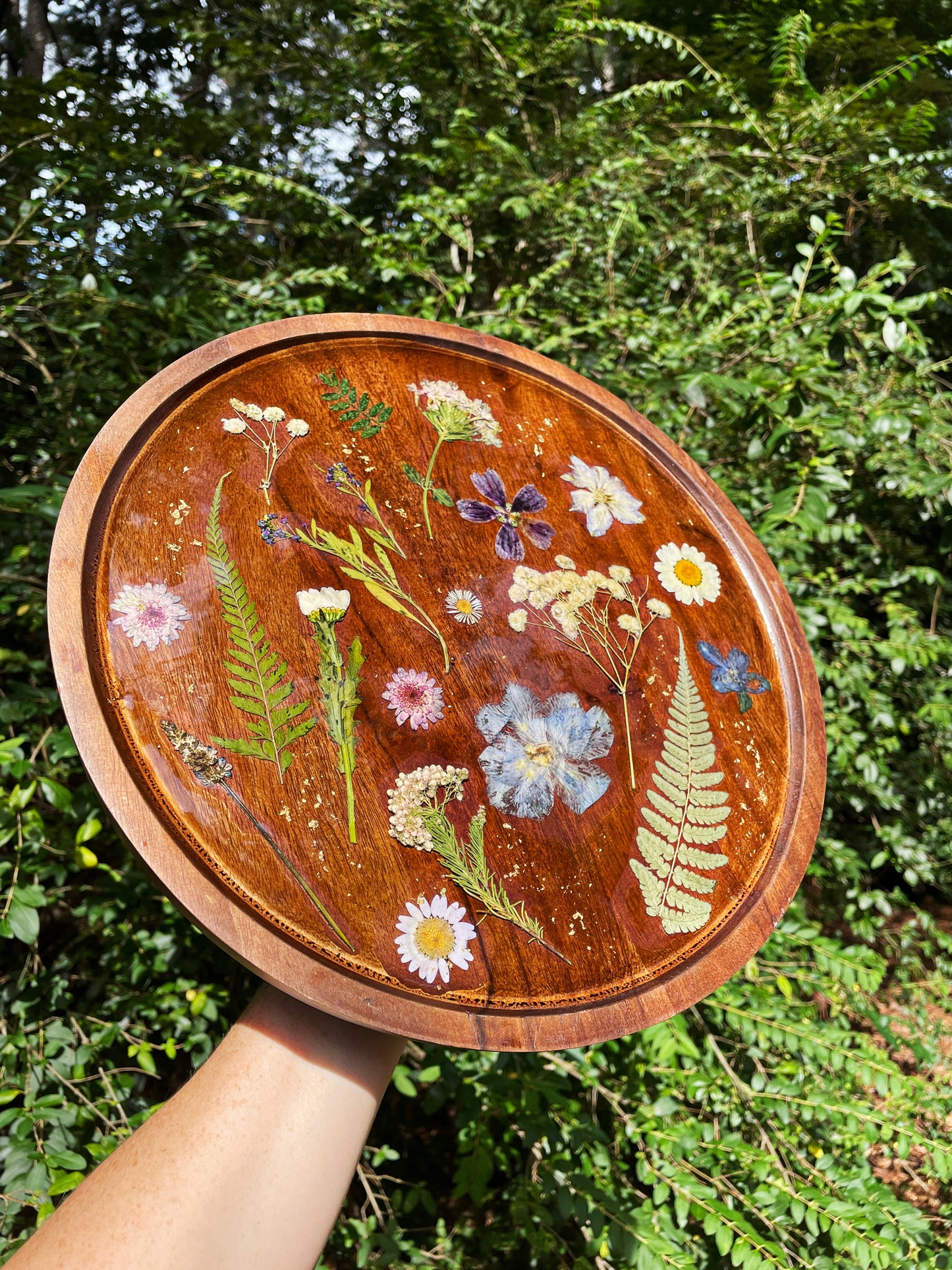 Round Floral Lazy Susan - Pressed Flower Rotating Table Tray