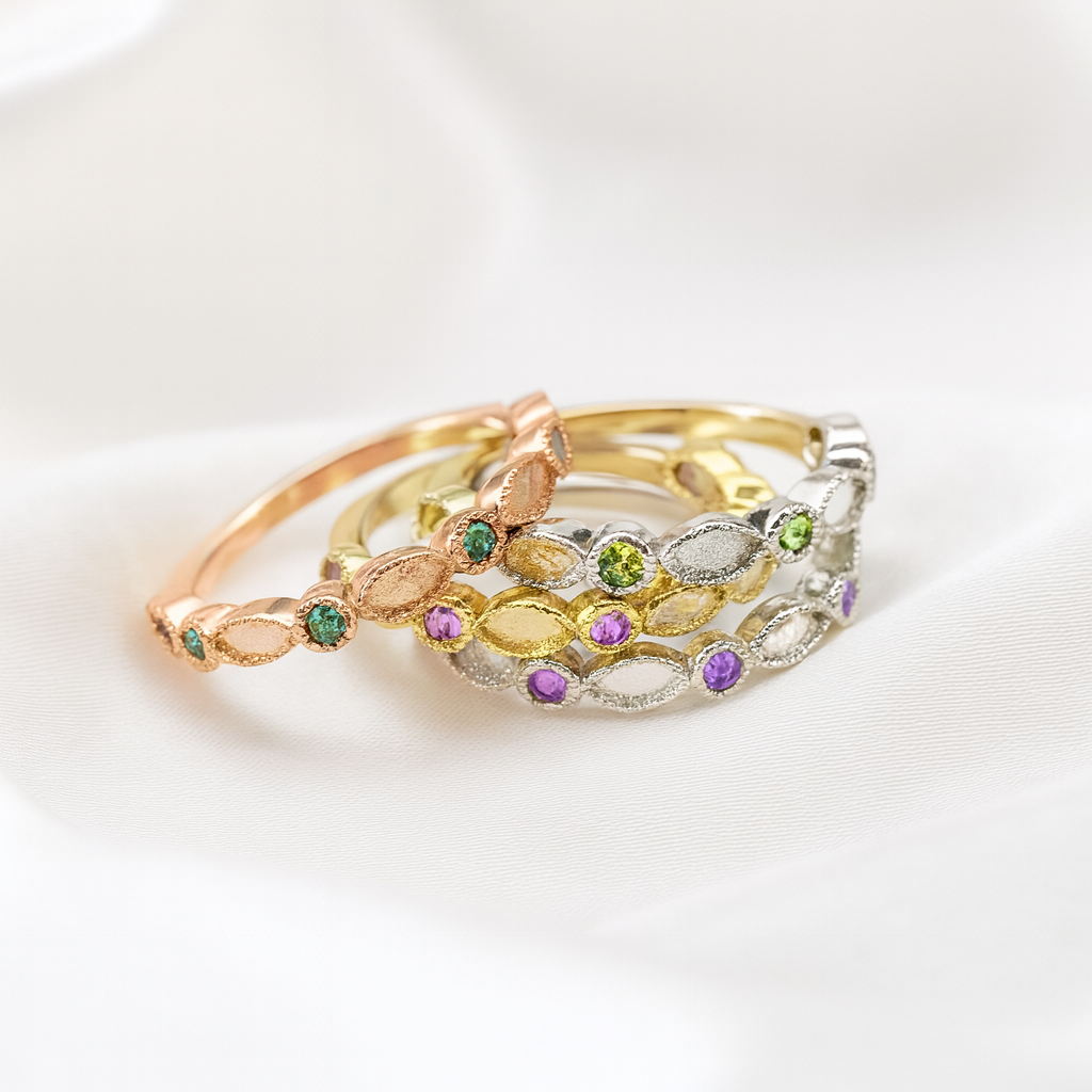 14 K Solid Gold/White Gold/Rose Gold Keepsake Ring w/Birthstones