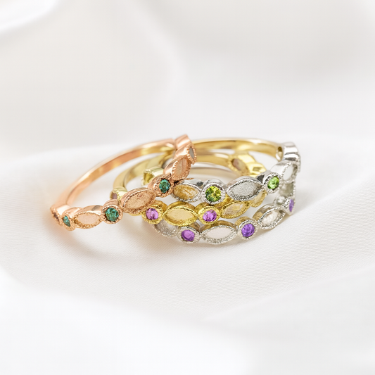 14 K Solid Gold/White Gold/Rose Gold Keepsake Ring w/Birthstones
