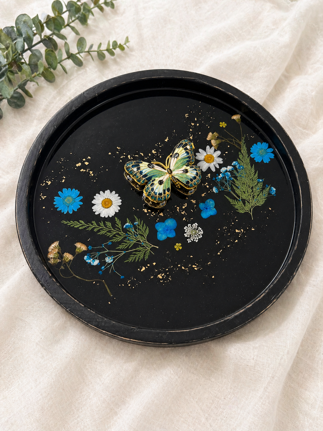 Pressed Floral Pedestal Vanity Tray with Hidden Butterfly Compartment