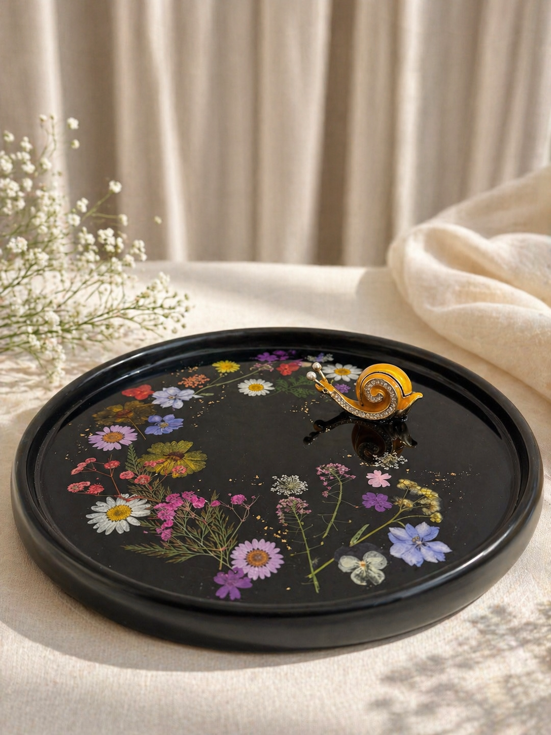 Whimsical Snail & Pressed Floral Ceramic Vanity Tray