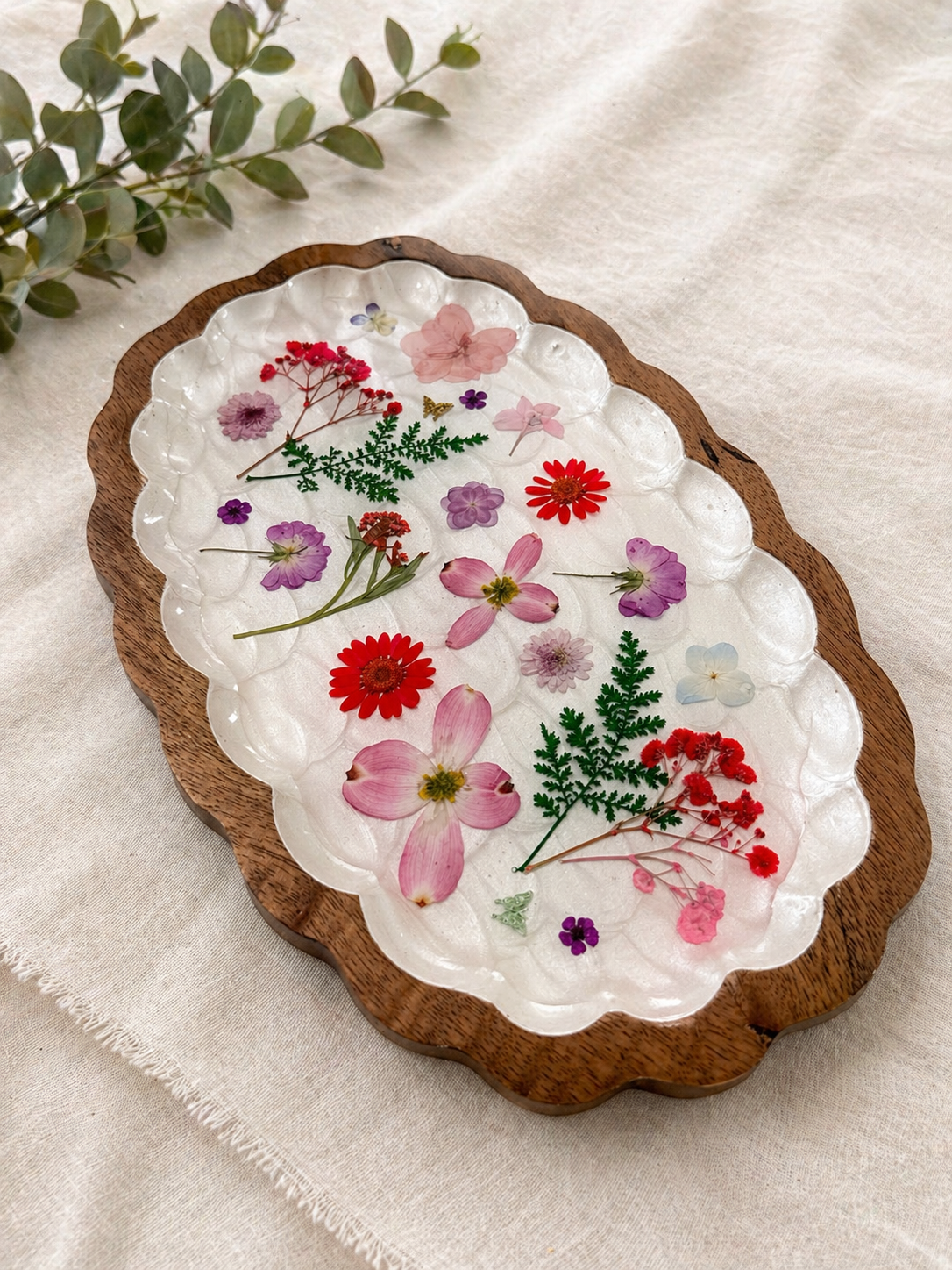 Pressed Floral Vanity Tray -10” Scalloped Edge with Silver Feet