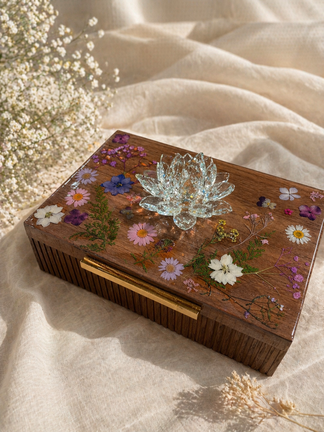 Pressed Floral Wooden Storage Box with Built-In Ring Holder – 12”