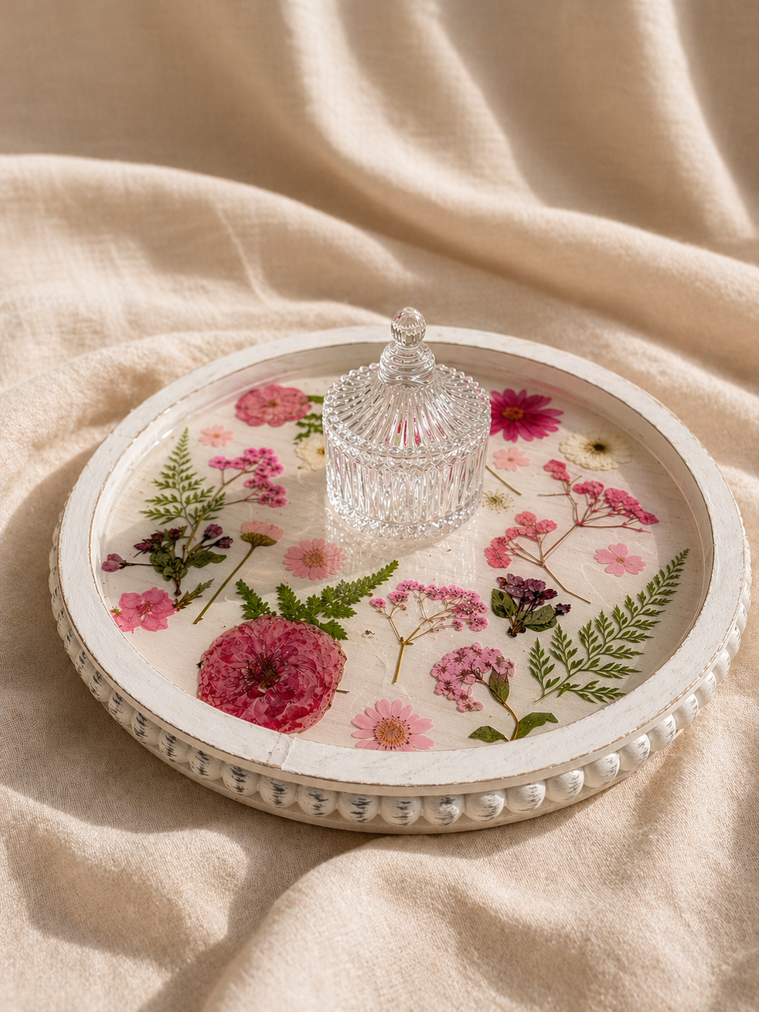 White Wildflower Turntable - Lazy Susan With Storage Jar