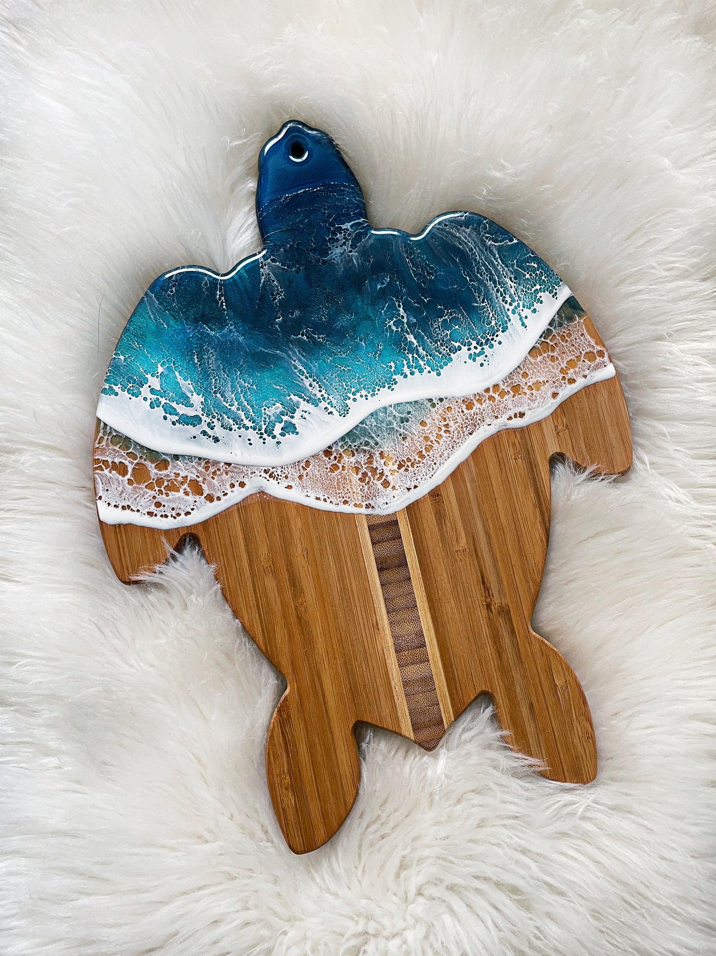 Sea Turtle Bamboo Charcuterie Board with Ocean Resin | Coastal Cutting Board | Hand-Poured Epoxy Art Serving Board