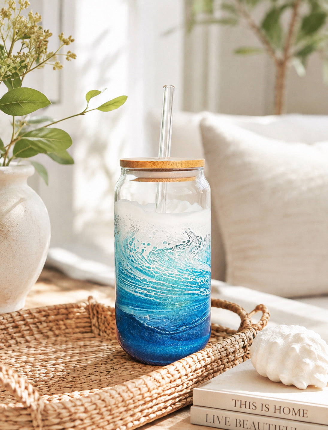Ocean Glass Tumbler- Iced Coffee Glass With Lid & Straw