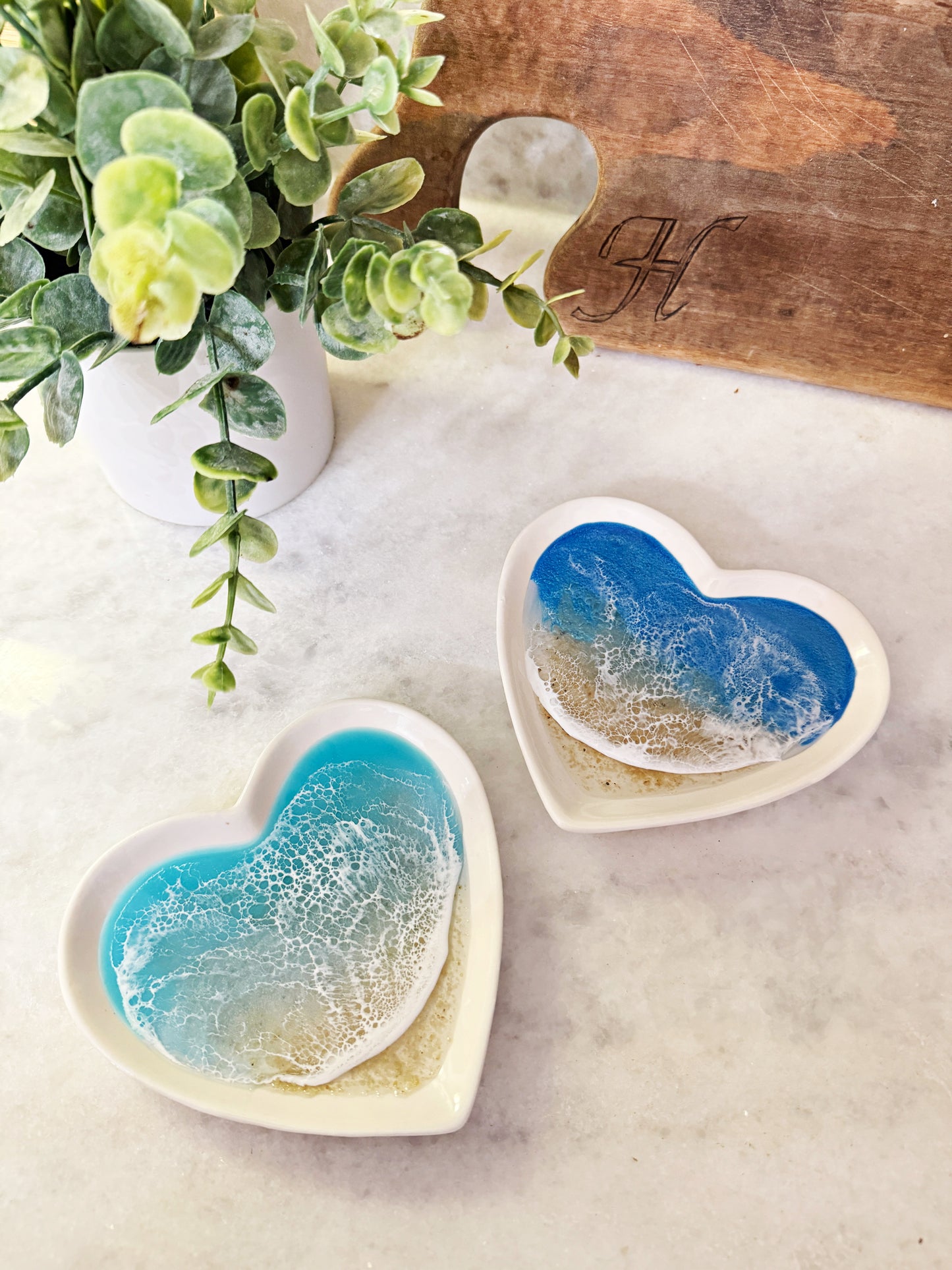 Heart Shaped Coastal Jewelry Dish – Porcelain Dish with Resin Ocean Waves, Romantic Coastal Keepsake Gift