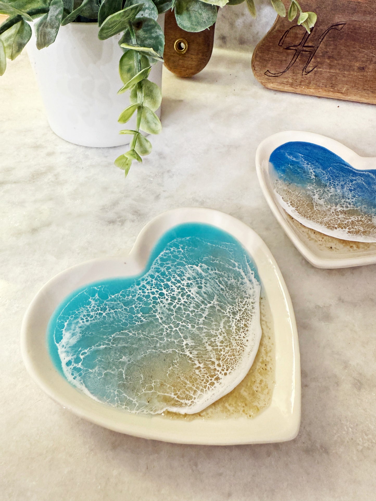 Heart Shaped Coastal Jewelry Dish – Porcelain Dish with Resin Ocean Waves, Romantic Coastal Keepsake Gift