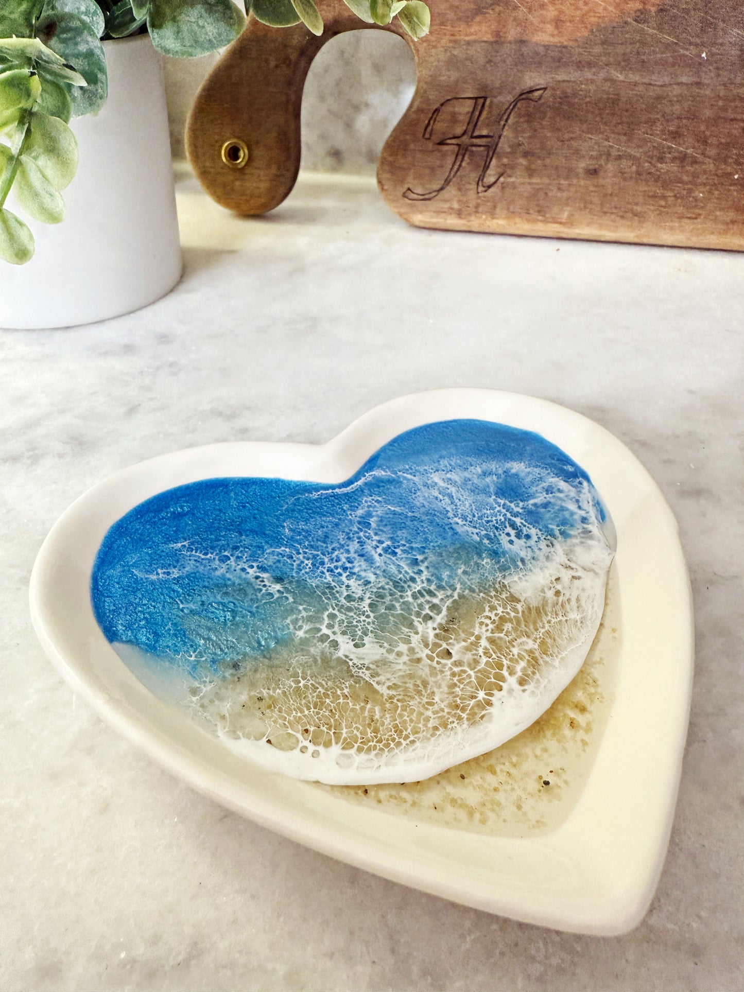 Heart Shaped Coastal Jewelry Dish – Porcelain Dish with Resin Ocean Waves, Romantic Coastal Keepsake Gift
