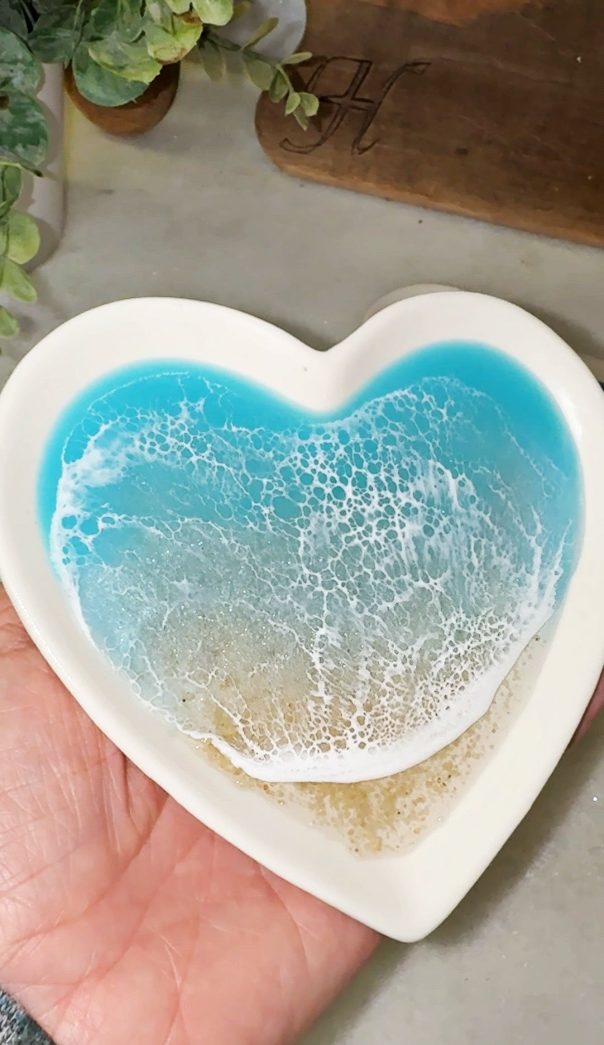 Heart Shaped Coastal Jewelry Dish – Porcelain Dish with Resin Ocean Waves, Romantic Coastal Keepsake Gift