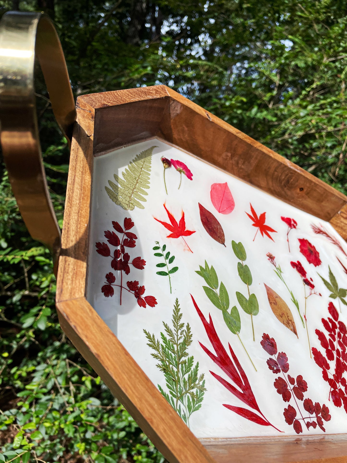 Oversized Floral Wooden Table Tray with Gold Metal Handles.