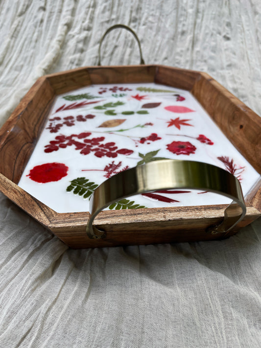 Oversized Floral Wooden Table Tray with Gold Metal Handles.