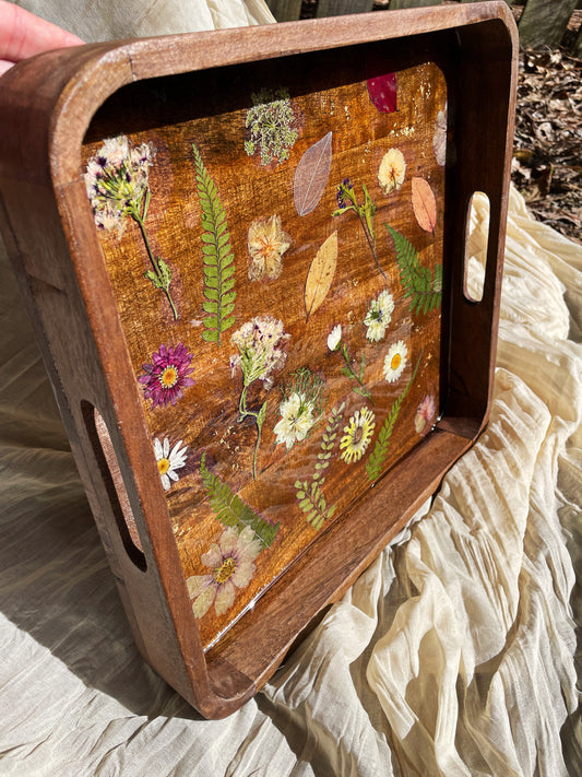 Wooden Handle Floral Tray - Pressed Flower Coffee Table Tray