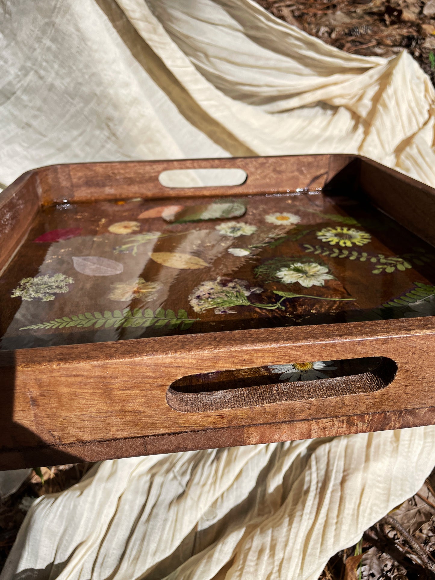 Wooden Handle Floral Tray - Pressed Flower Coffee Table Tray