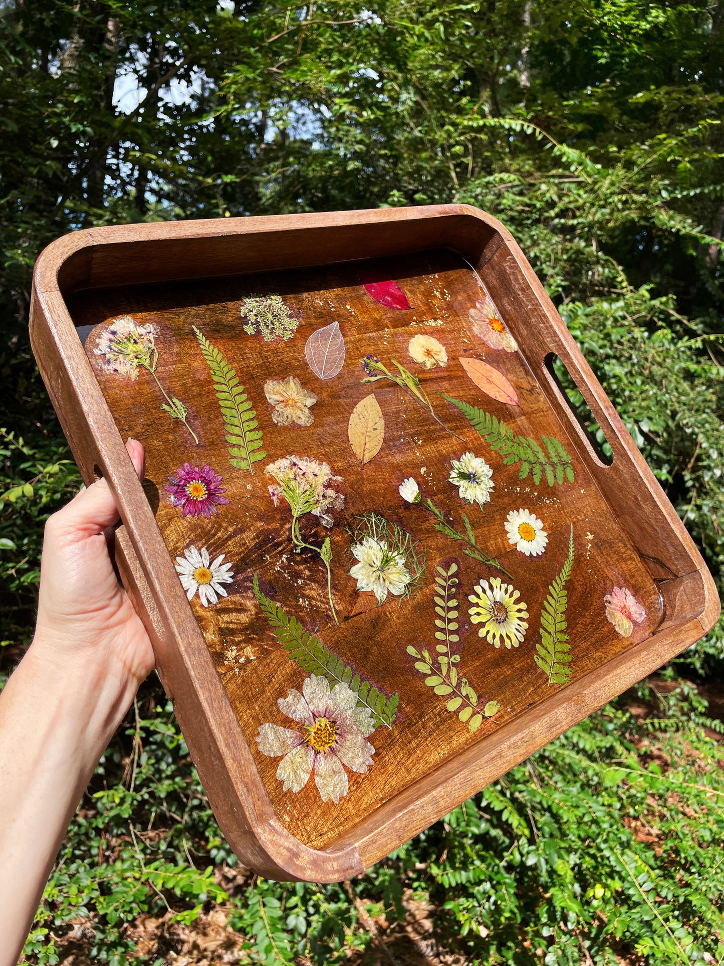 Wooden Handle Floral Tray - Pressed Flower Coffee Table Tray