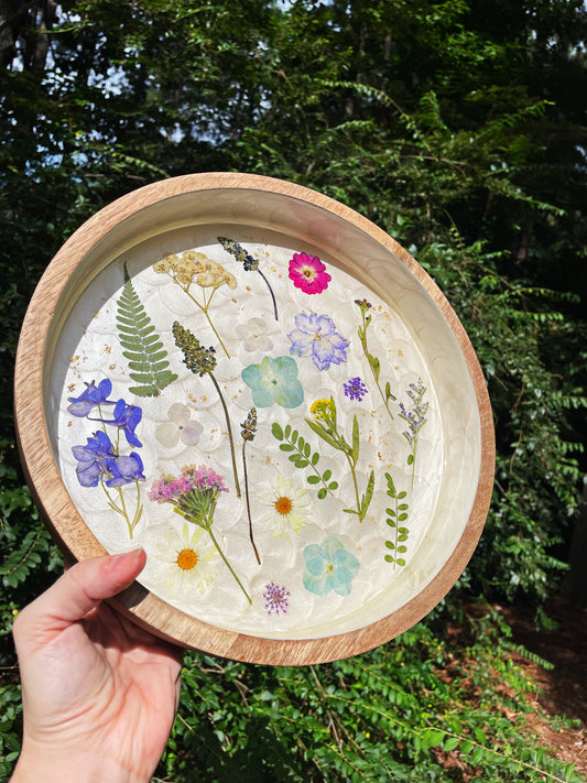 Round Wooden Floral Tray - Pressed Flower Coffee Table Tray