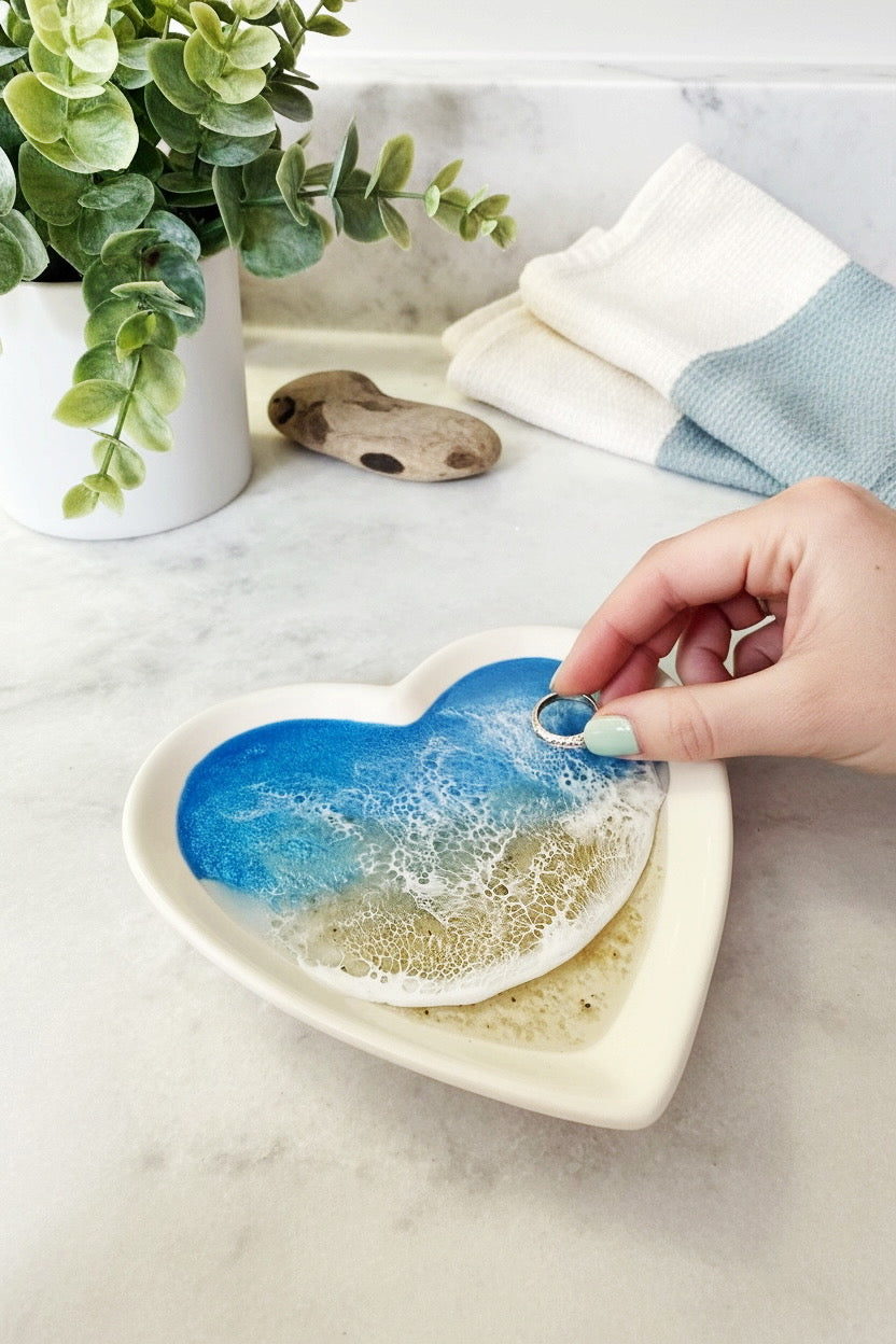 Heart Shaped Coastal Jewelry Dish – Porcelain Dish with Resin Ocean Waves, Romantic Coastal Keepsake Gift